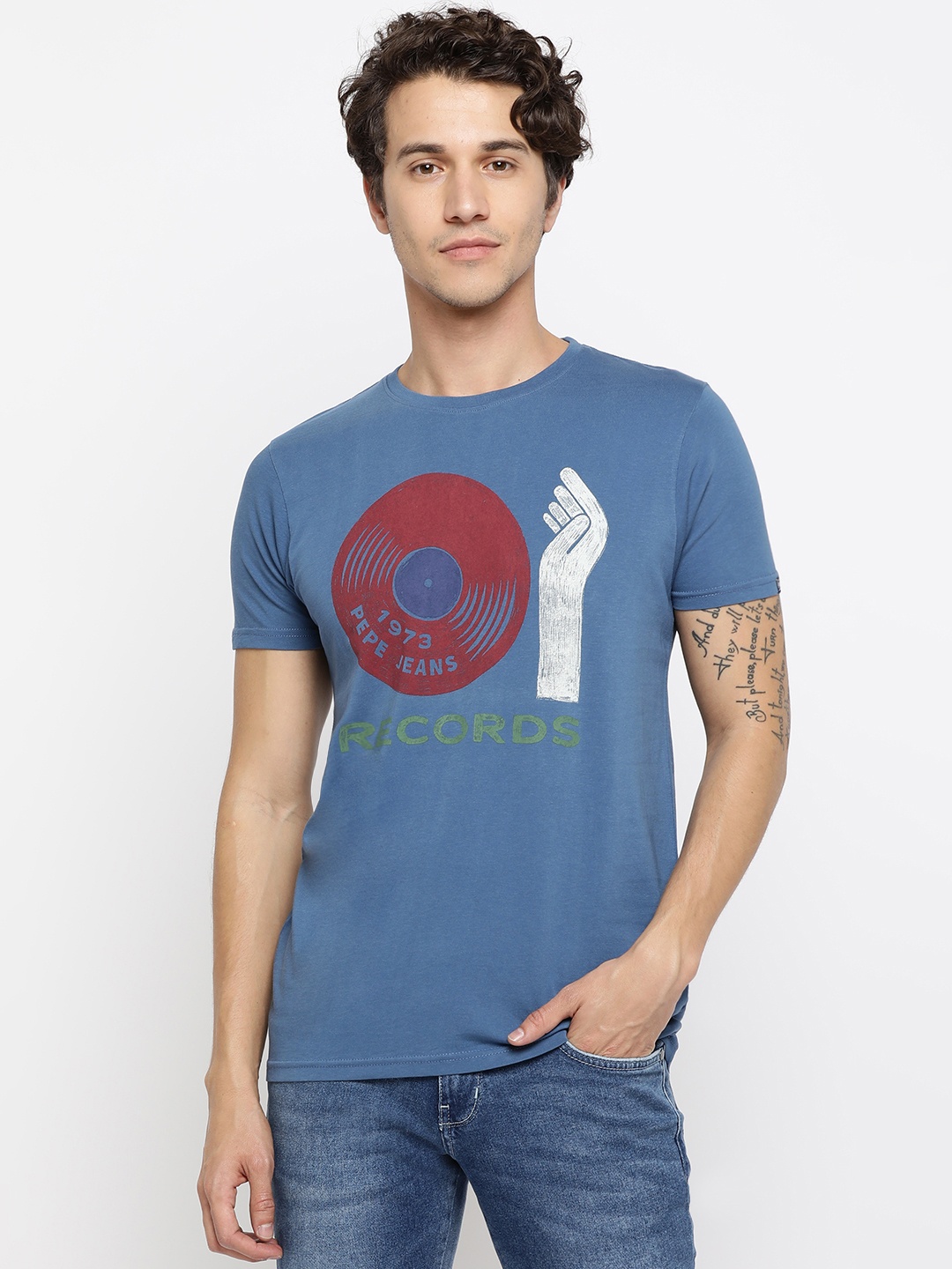 

Pepe Jeans Men Blue Printed Slim Cotton Round Neck Pure Cotton T-shirt