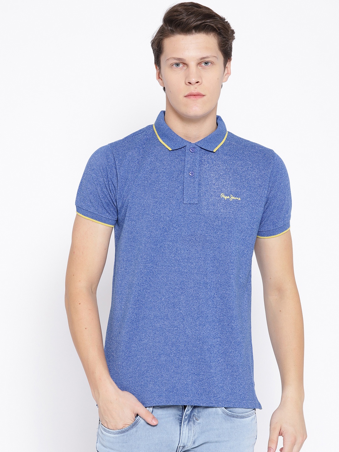 

Pepe Jeans Men Blue Solid Polo Collar T-shirt