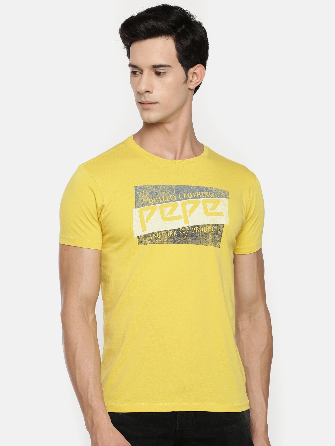 

Pepe Jeans Men Yellow Printed Round Neck Pure Cotton T-shirt
