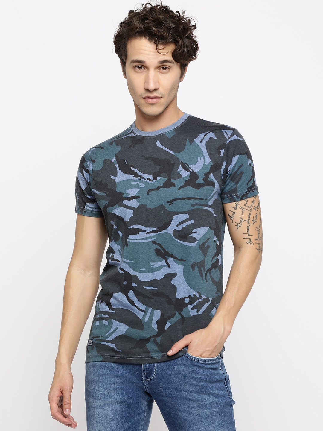 

Pepe Jeans Men Blue Printed Slim Pure Round Neck Pure Cotton T-shirt