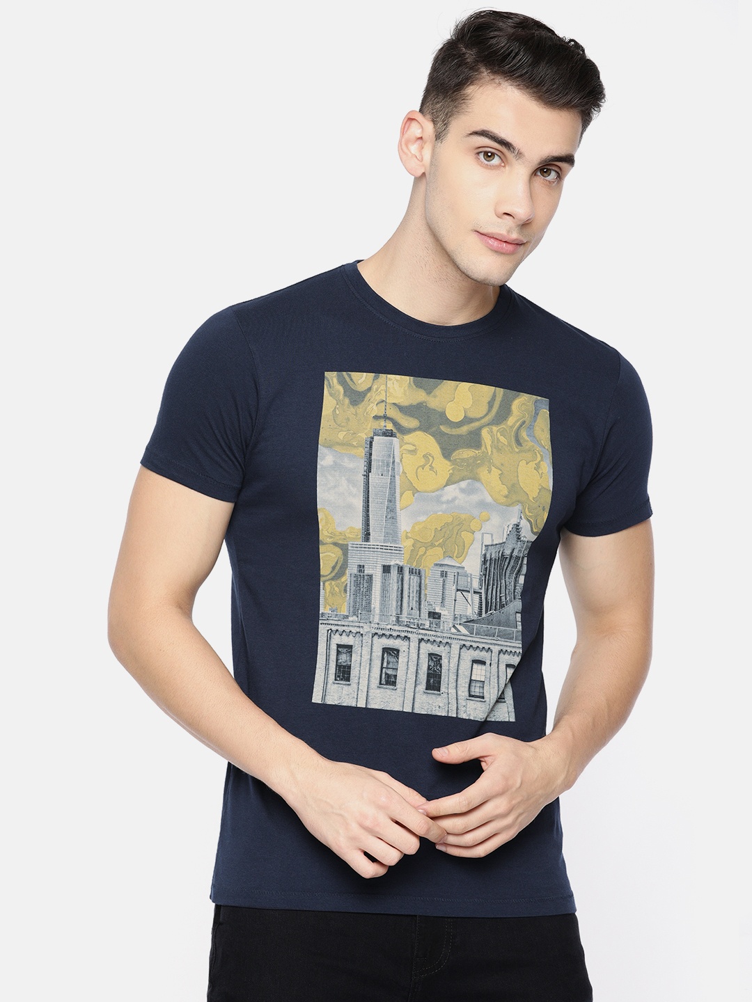 

Pepe Jeans Men Navy Blue Slim Fit Printed Round Neck Pure Cotton T-shirt