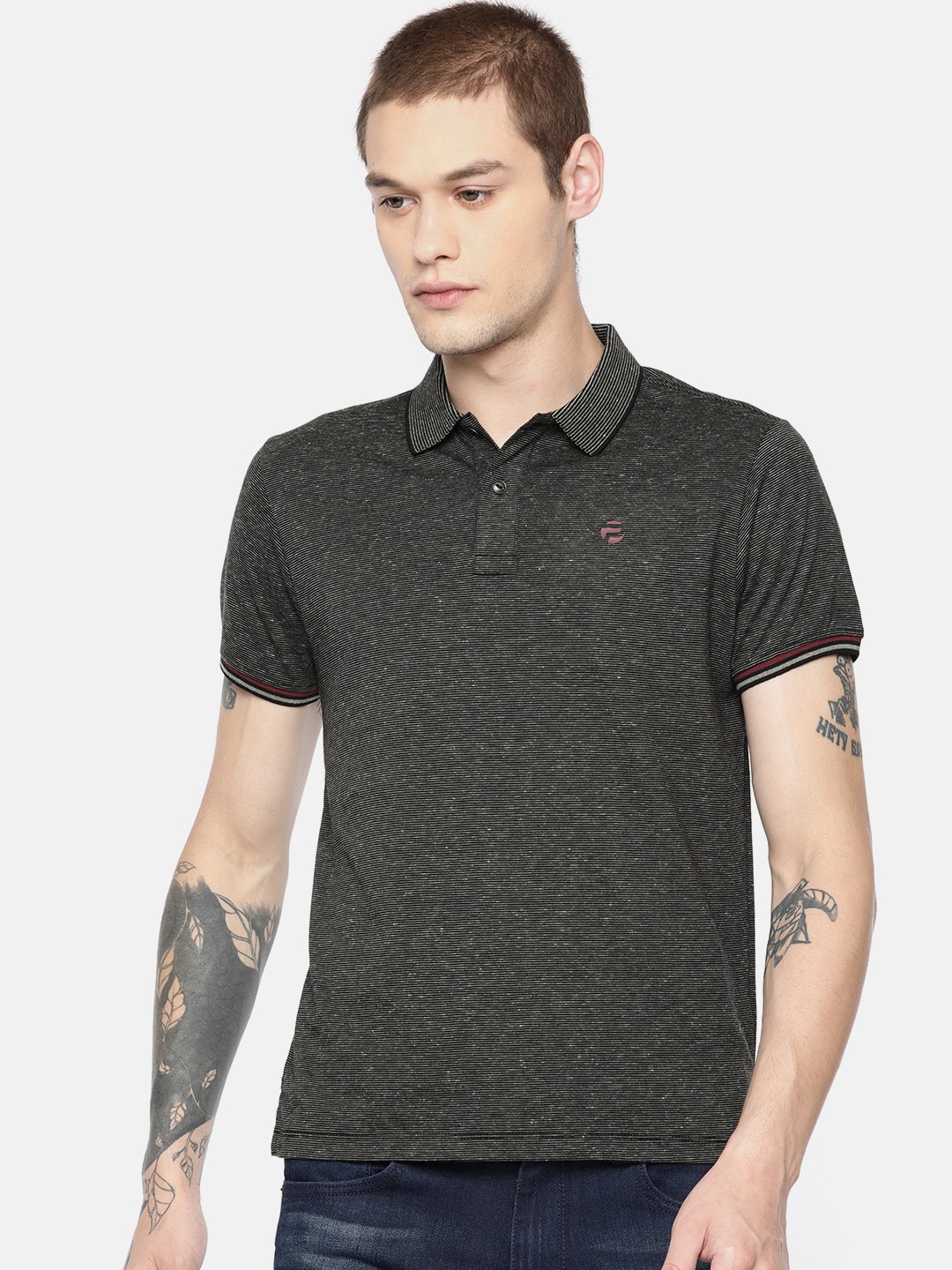 

Pepe Jeans Men Black & Grey Striped Polo Collar T-shirt