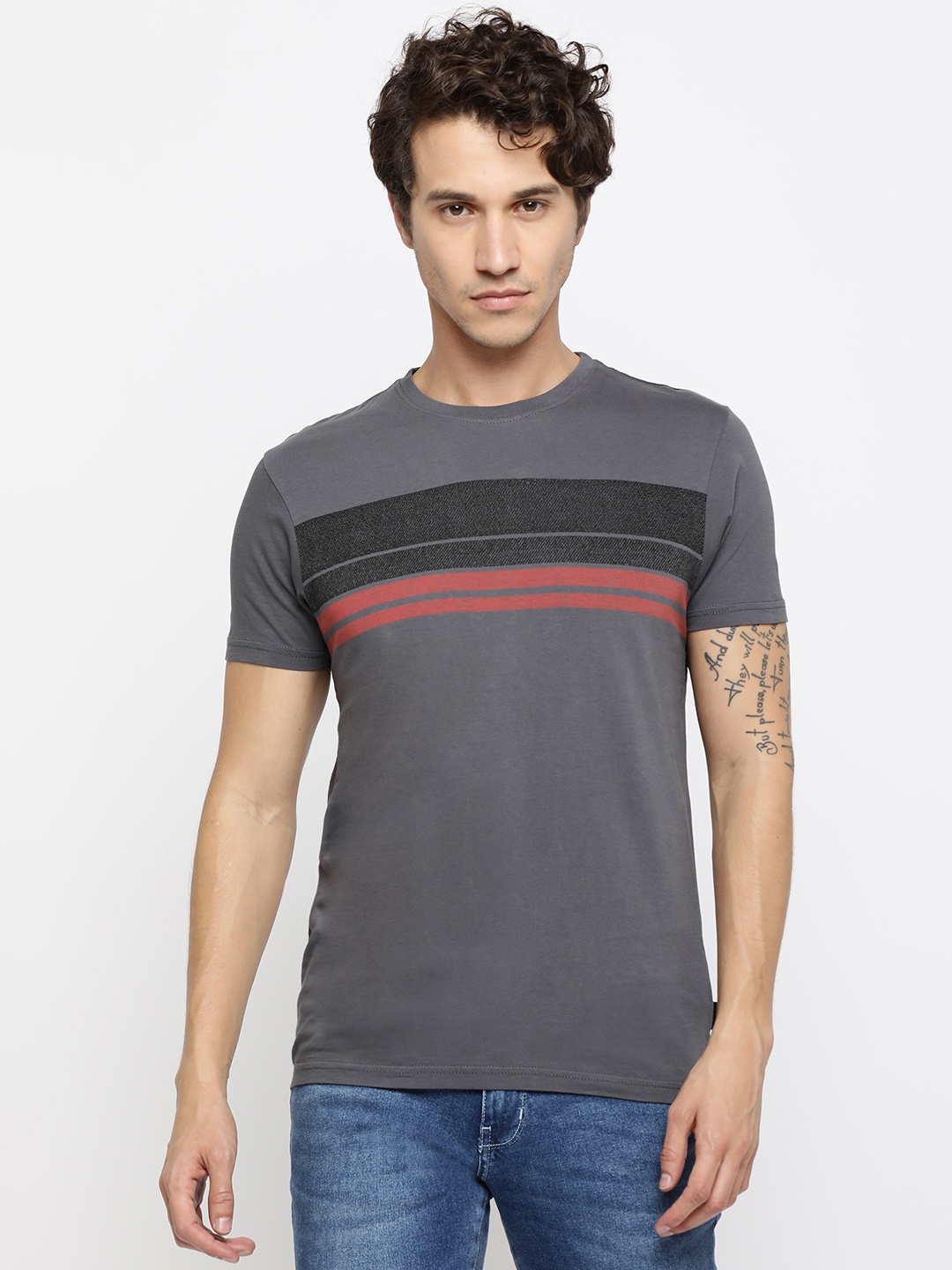 

Pepe Jeans Men Grey Printed Pure Cotton Slim Round Neck Pure Cotton T-shirt