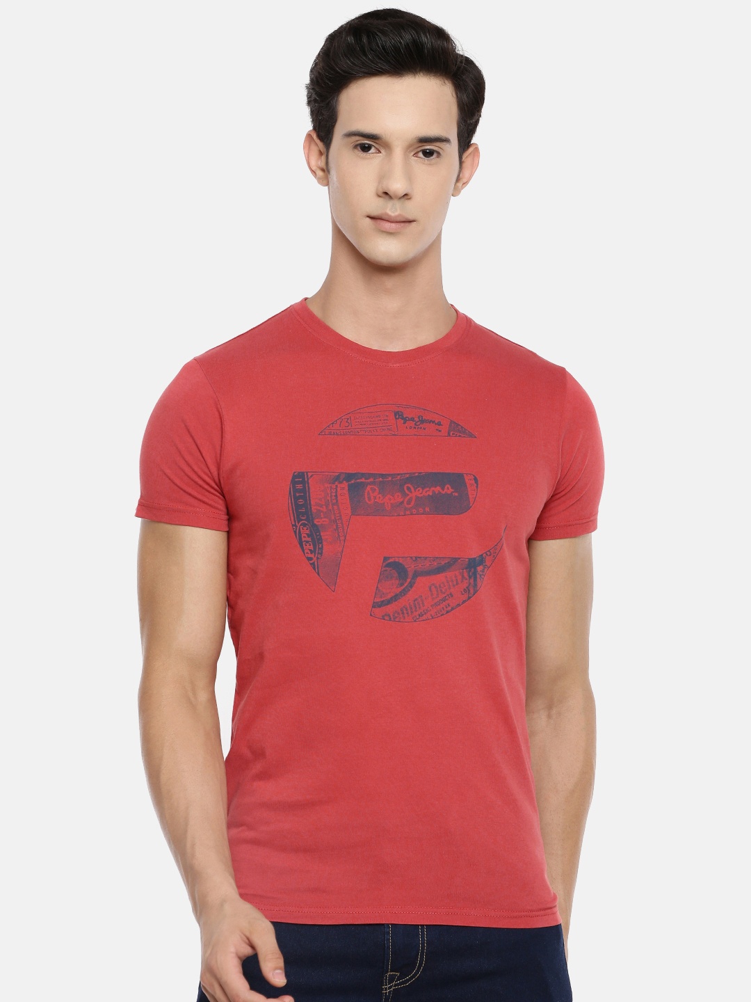 

Pepe Jeans Men Red Printed Round Neck Pure Cotton T-shirt