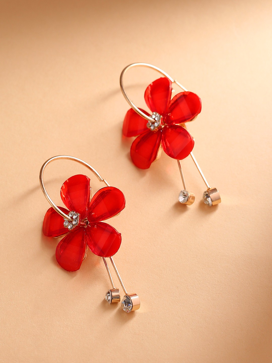 

PRITA BY PRIYAASI Red Gold-Plated Handcrafted Stone-Studded Floral Hoop Earrings