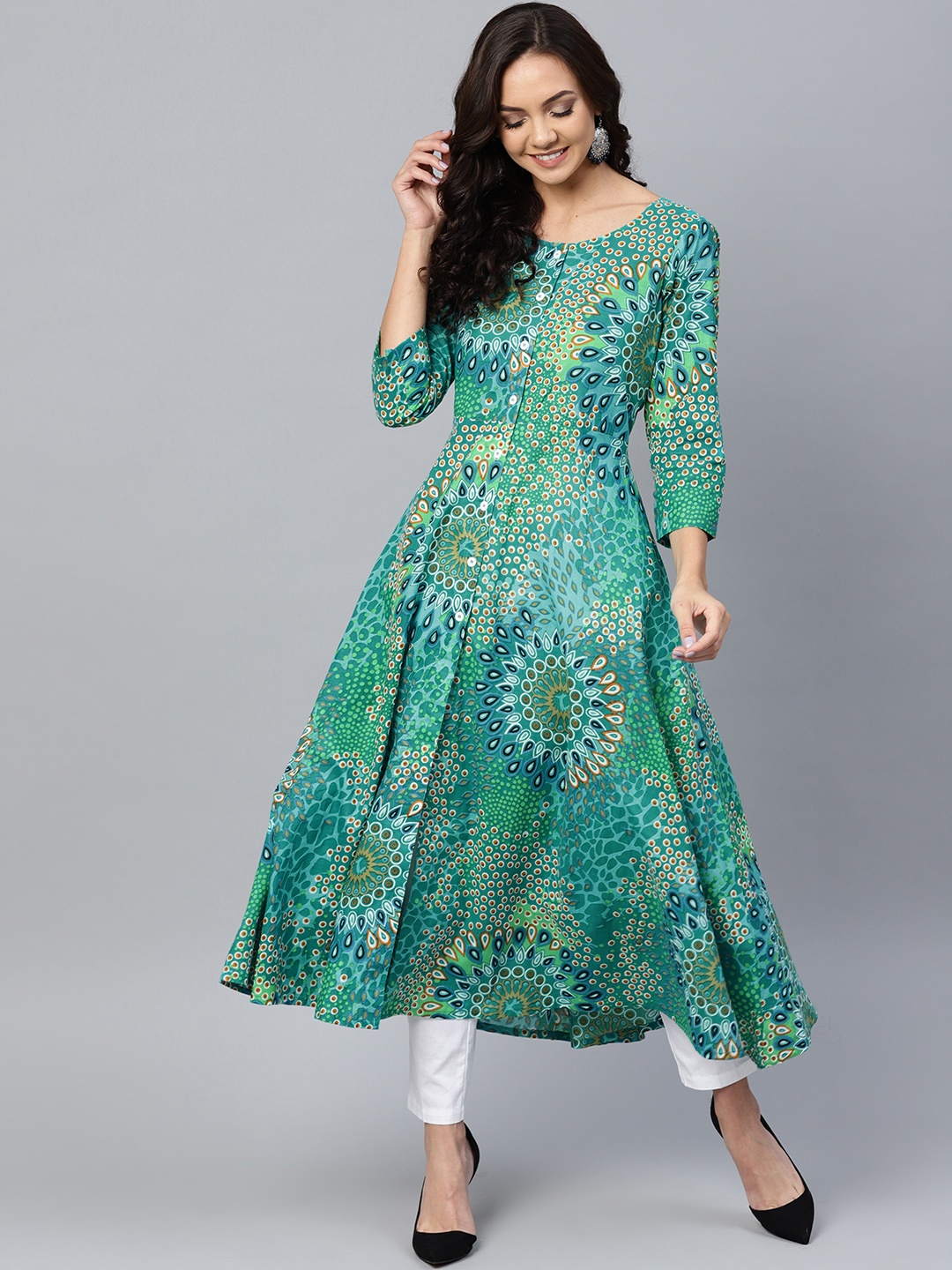 

Jompers Women Green & Blue Printed A-Line Kurta