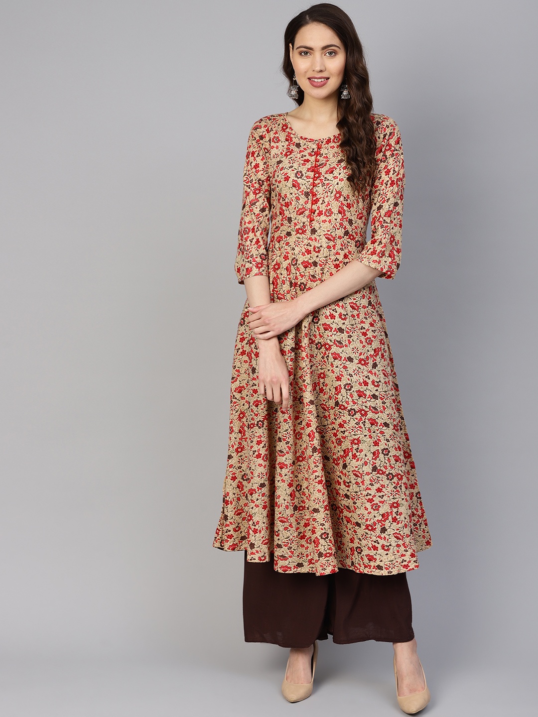 

Jompers Women Beige & Red Printed A-Line Kurta