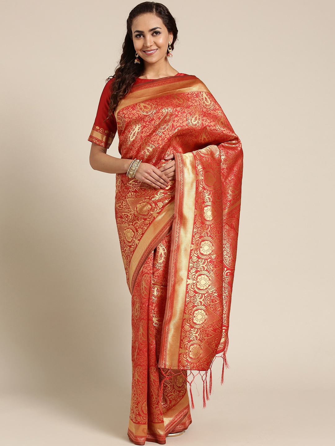 

Saree mall Red & Golden Woven Design Dharmavaram Saree