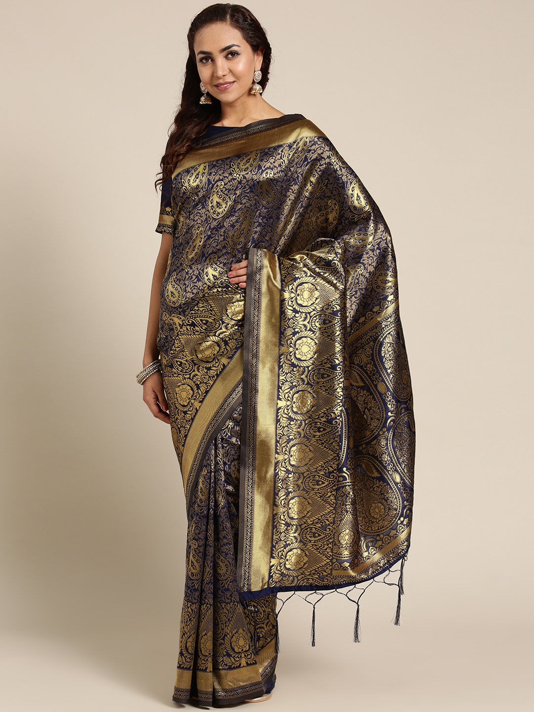 

Saree mall Navy Blue & Golden Woven Design Dharmavaram Saree