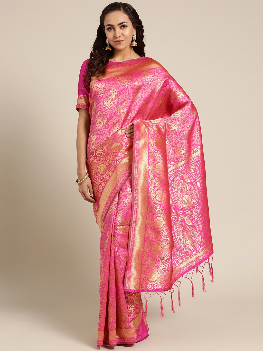 

Saree mall Fuchsia Pink & Golden Woven Design Dharmavaram Saree