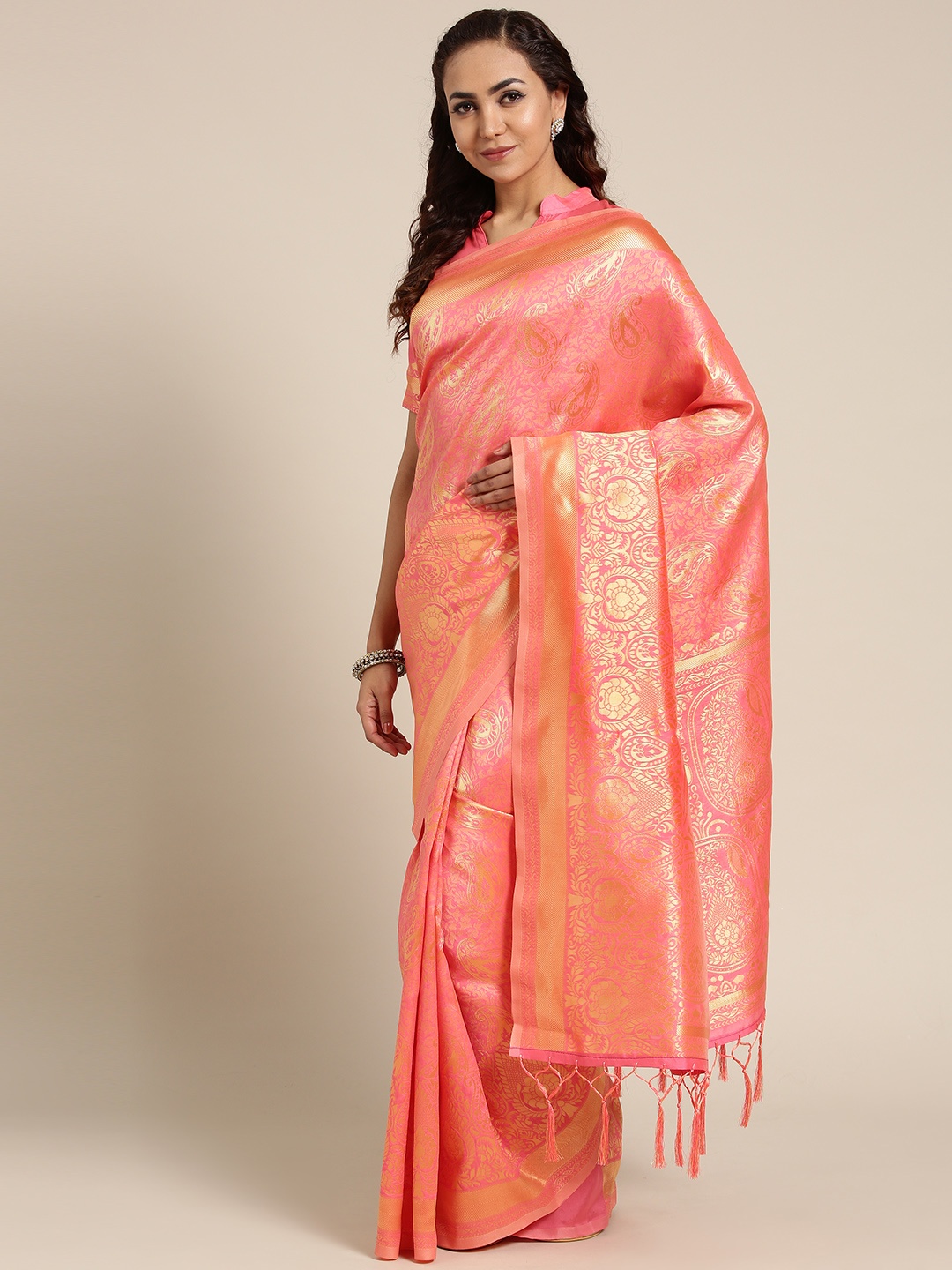

Saree mall Pink & Golden Woven Design Dharmavaram Saree