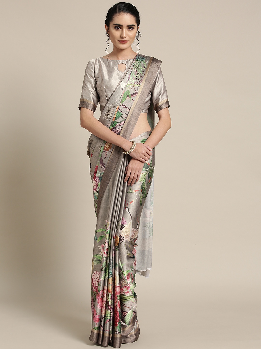 

Saree mall Grey & Green Floral Print Saree
