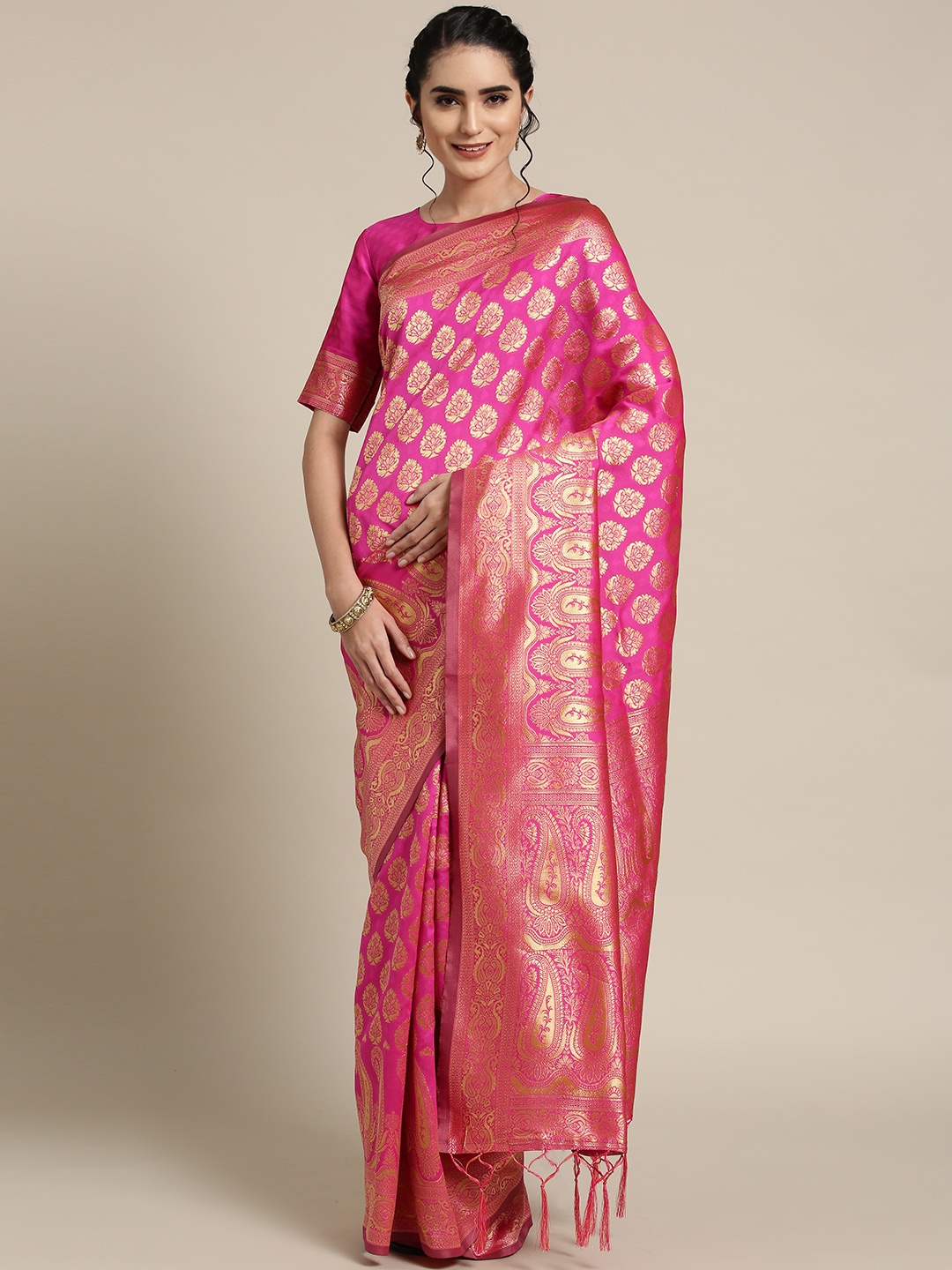 

Saree mall Pink & Golden Woven Design Dharmavaram Saree