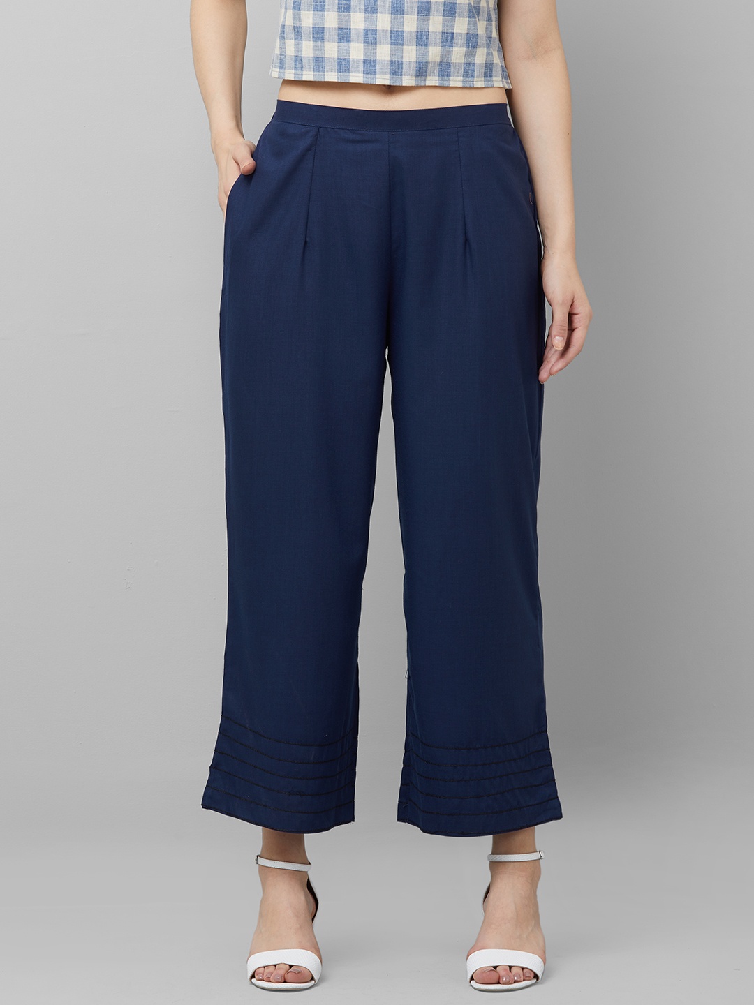 

Indo Era Women Navy Blue Solid Straight Palazzos