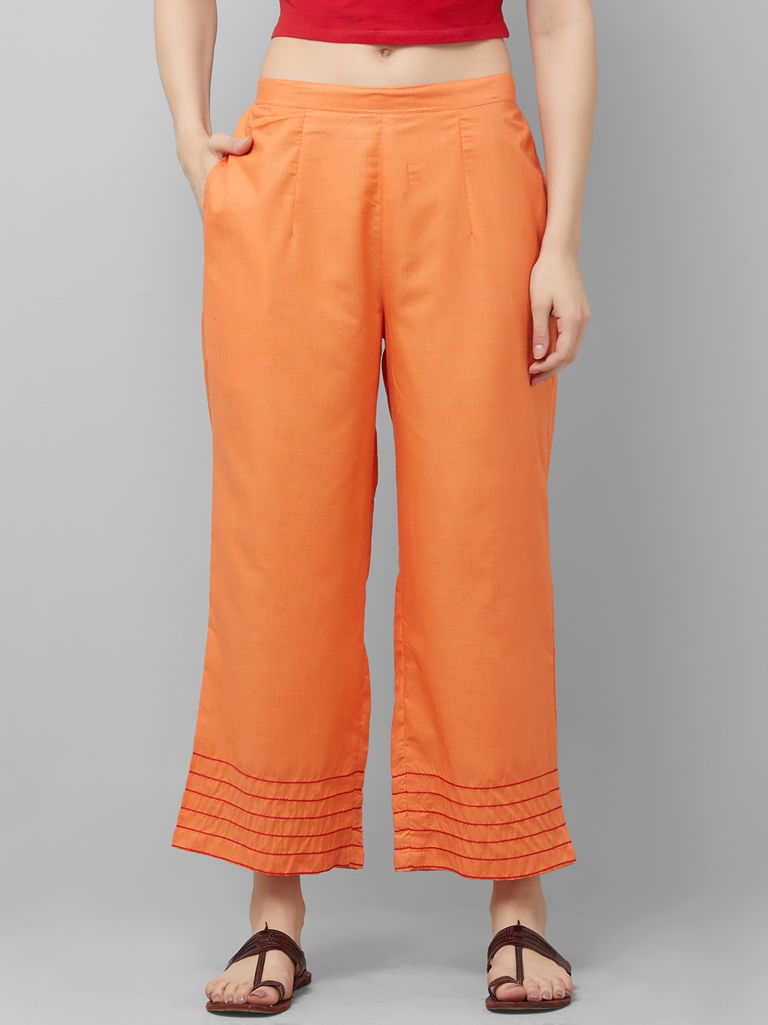 

Indo Era Women Orange Hem Design Straight Palazzos