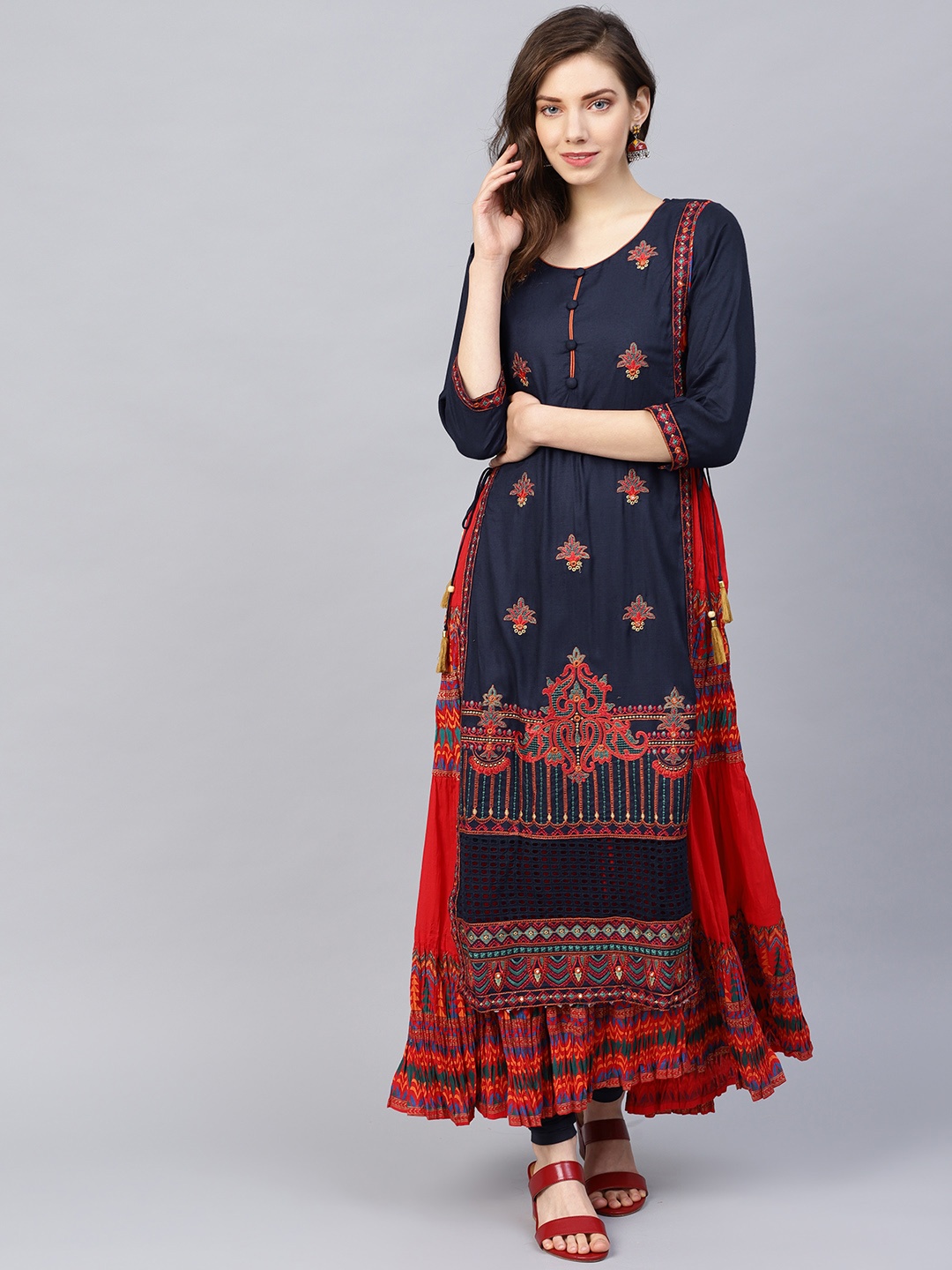 

Ishin Women Red & Navy Blue Embroidered Layered A-Line Kurta