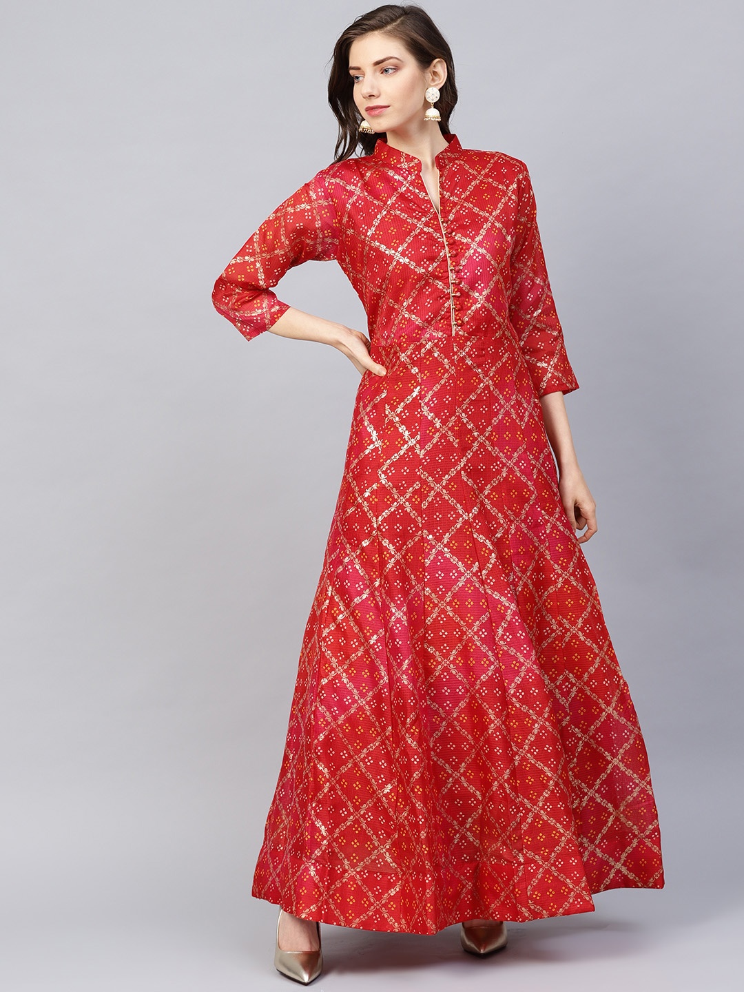 

Ishin Women's Poly Silk Red & Golden Printed Anarkali Kurta