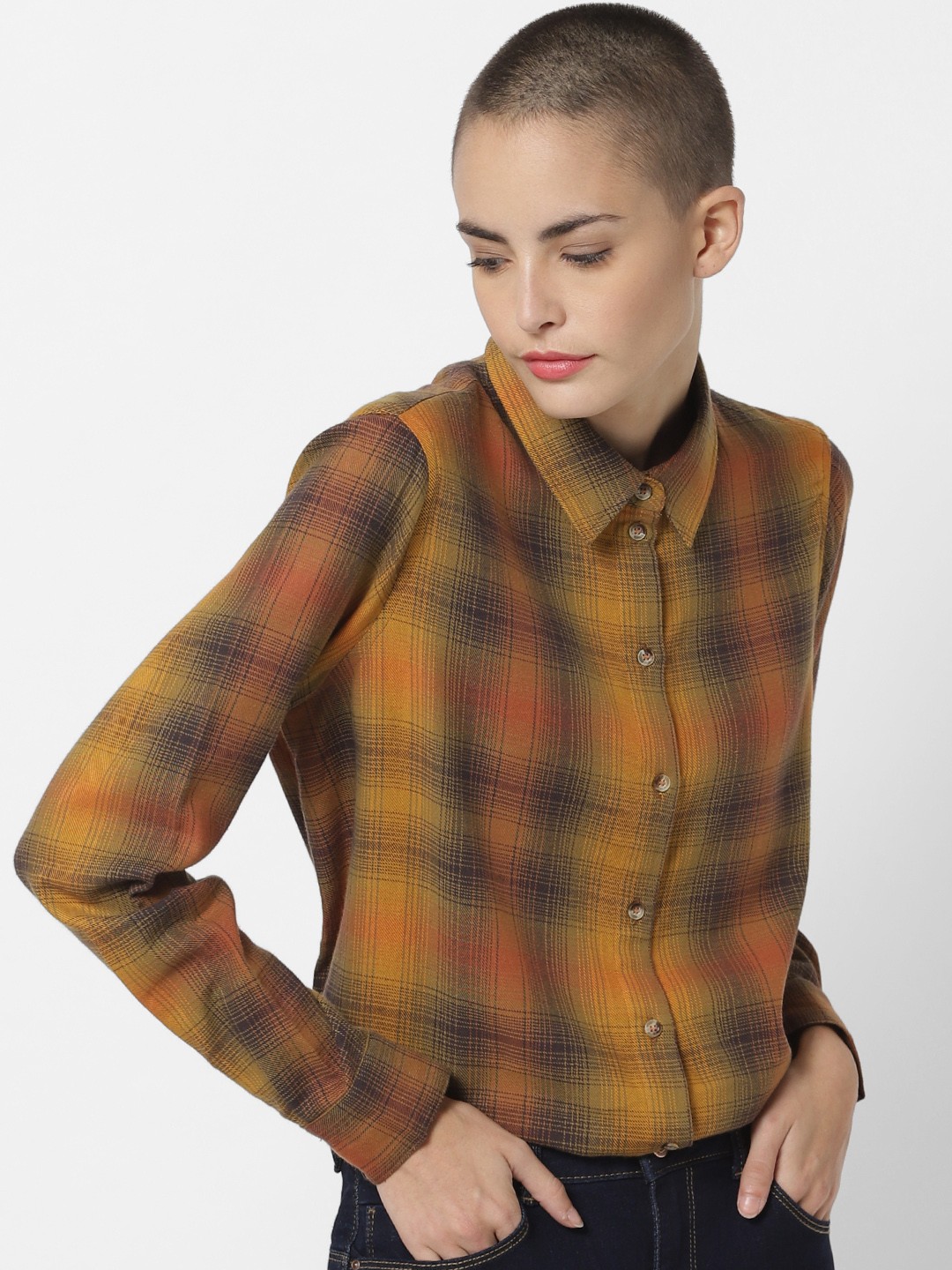 

ONLY Women Brown & Mustard Yellow Checked Casual Shirt