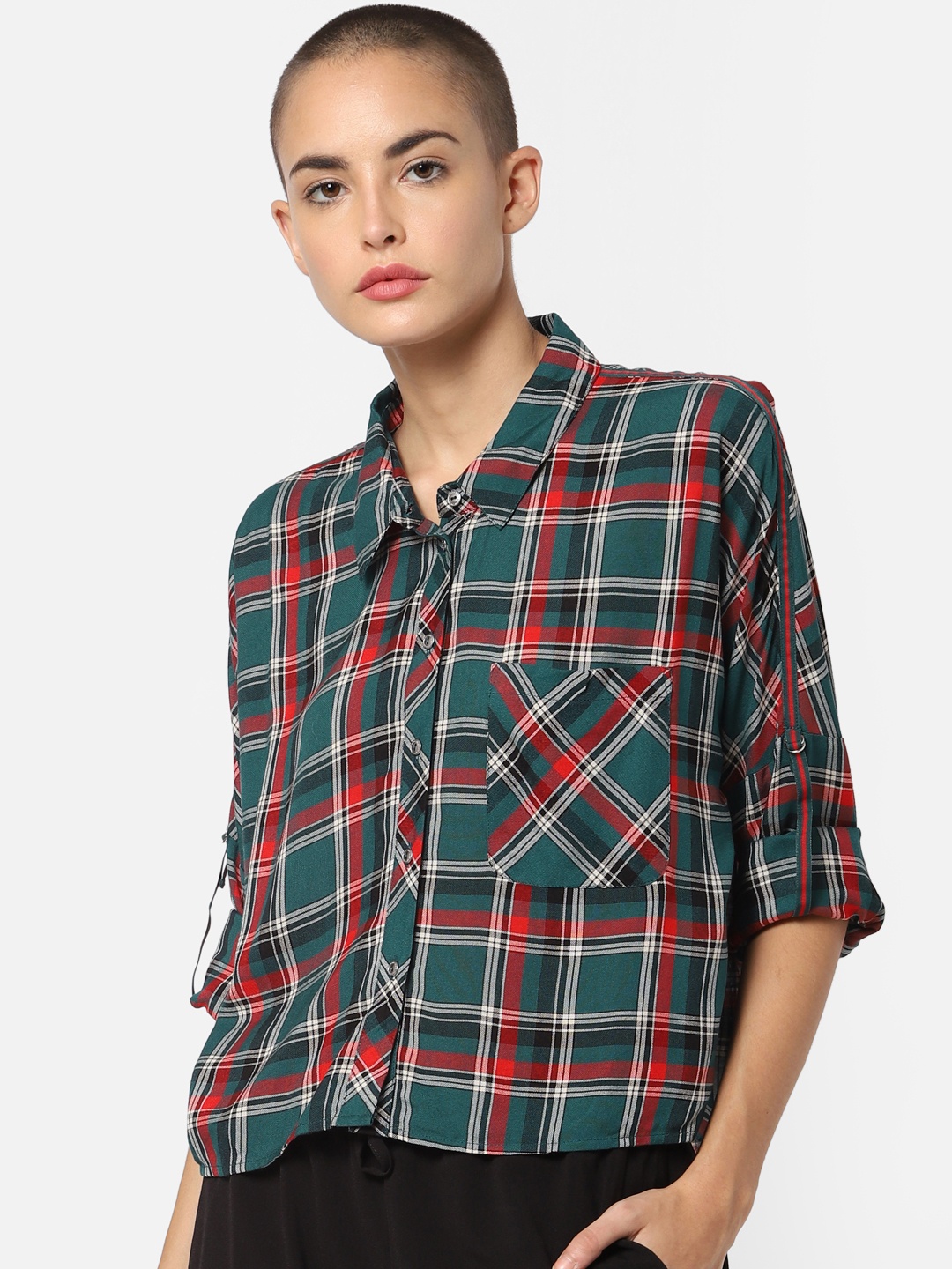 

ONLY Women Teal Blue & Red Regular Fit Checked Casual Shirt