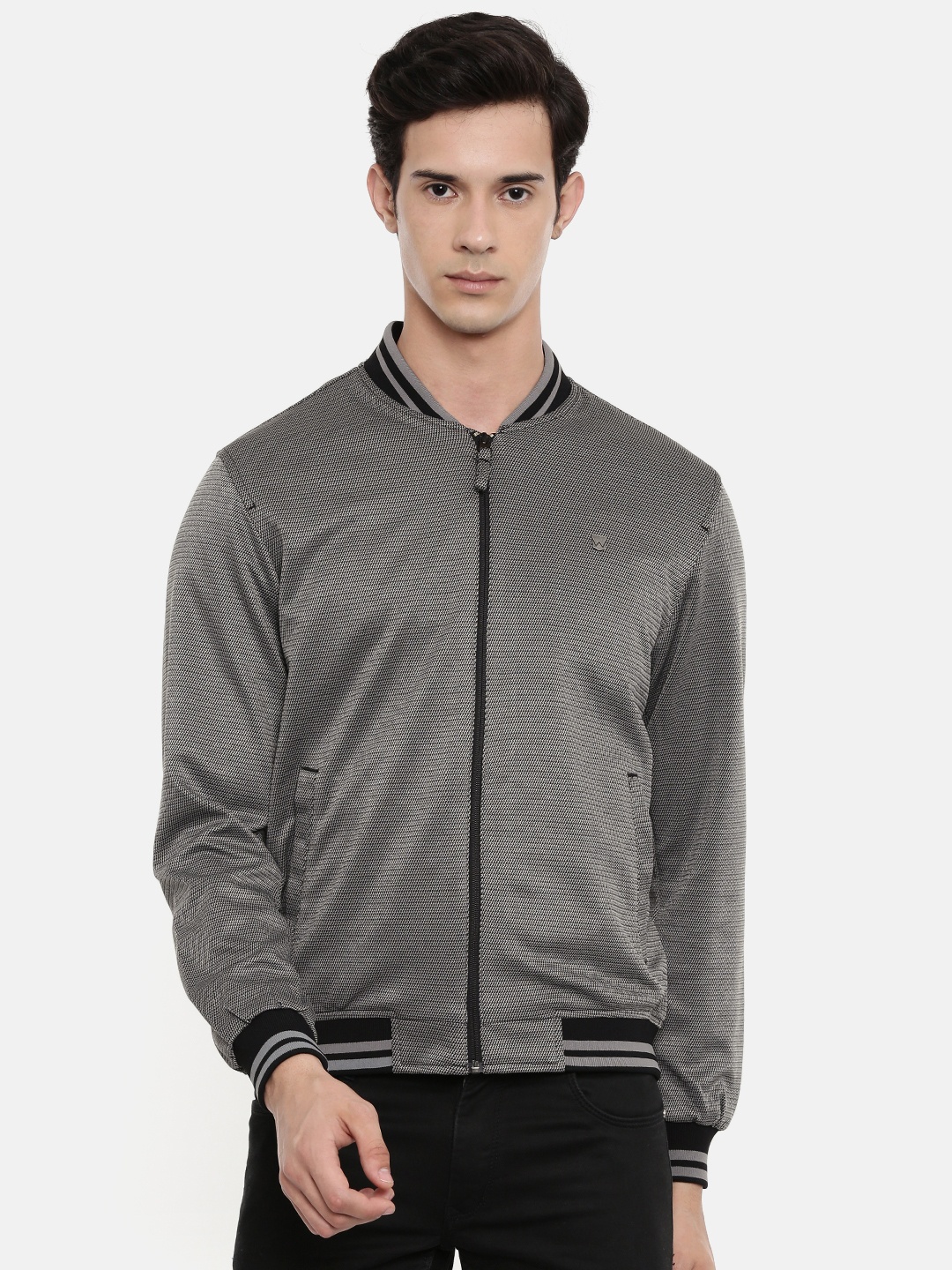 

Wrangler Men Grey Self Design Slim Fit Bomber Slim Fit Jacket