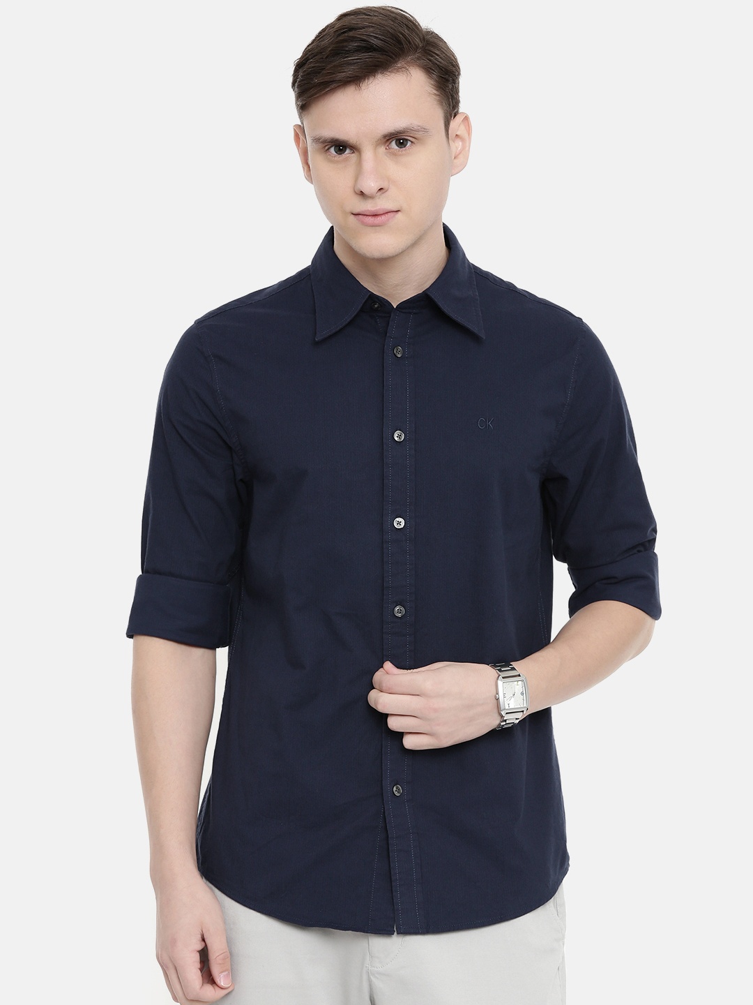 

Calvin Klein Jeans Men Navy Blue Slim Fit Self-Striped Casual Shirt
