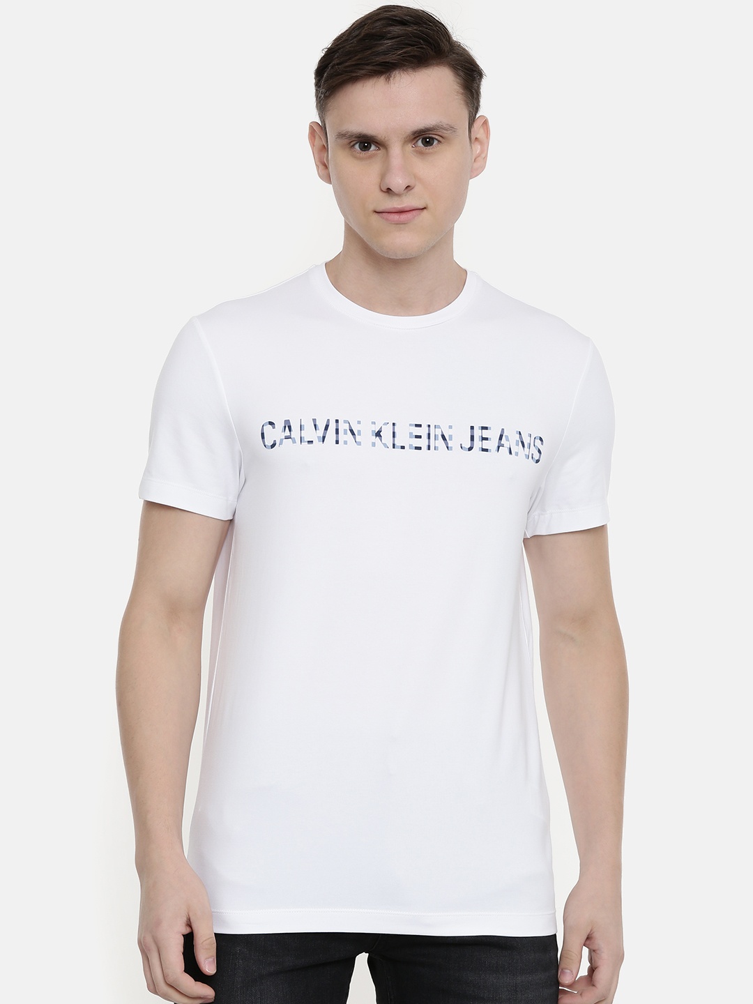

Calvin Klein Jeans Men White Slim Fit Printed Round Neck T-shirt