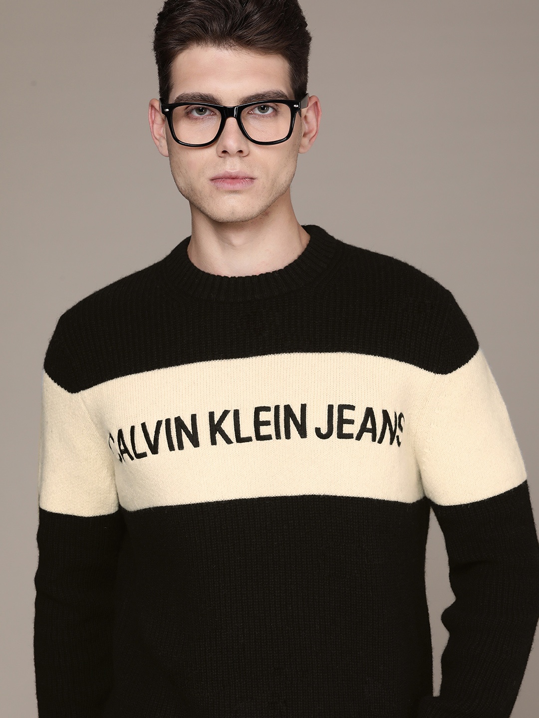 

Calvin Klein Jeans Men Black & Beige Logo Printed Woollen Pullover