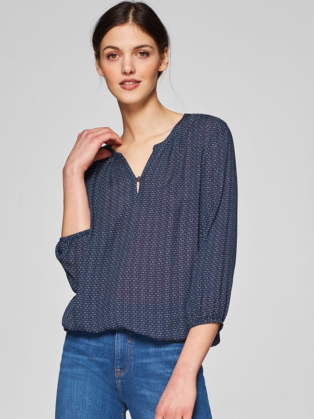 

ESPRIT Women Navy Blue & White Printed Semi-Sheer Blouson Top