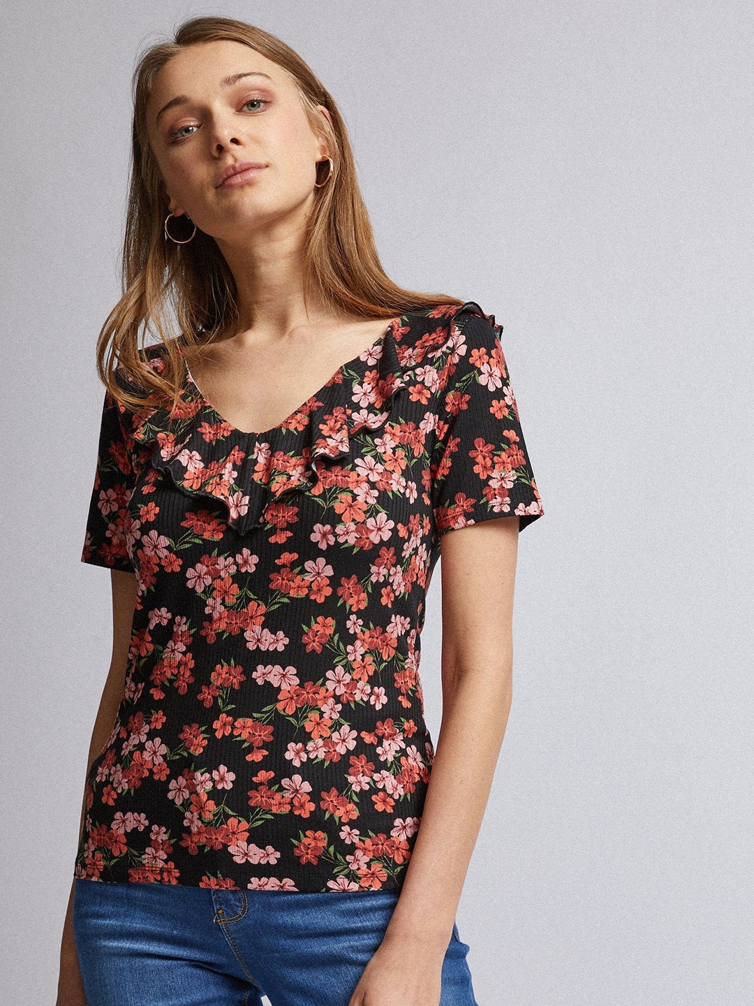 

DOROTHY PERKINS Women Black & Rust Red Floral Print Top