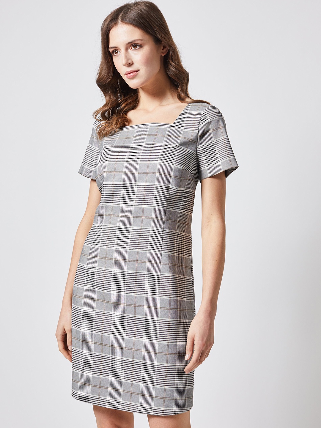 

DOROTHY PERKINS Women Grey Cheched A-Line Formal Dress
