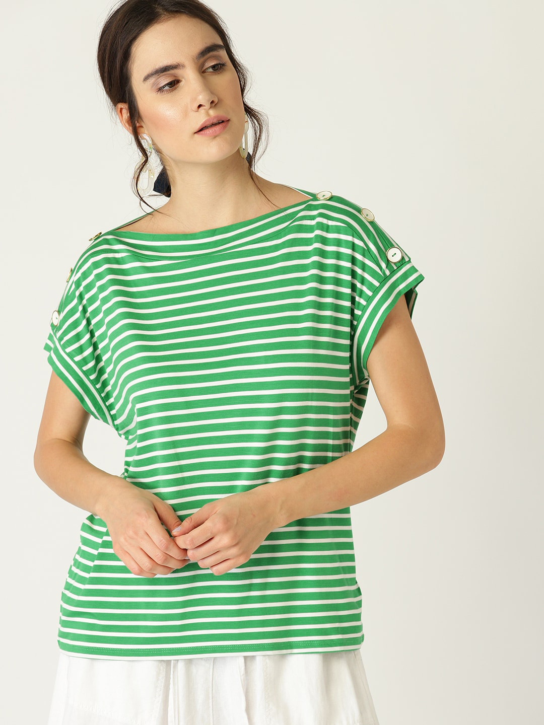 

ESPRIT Women Green & White Striped Top