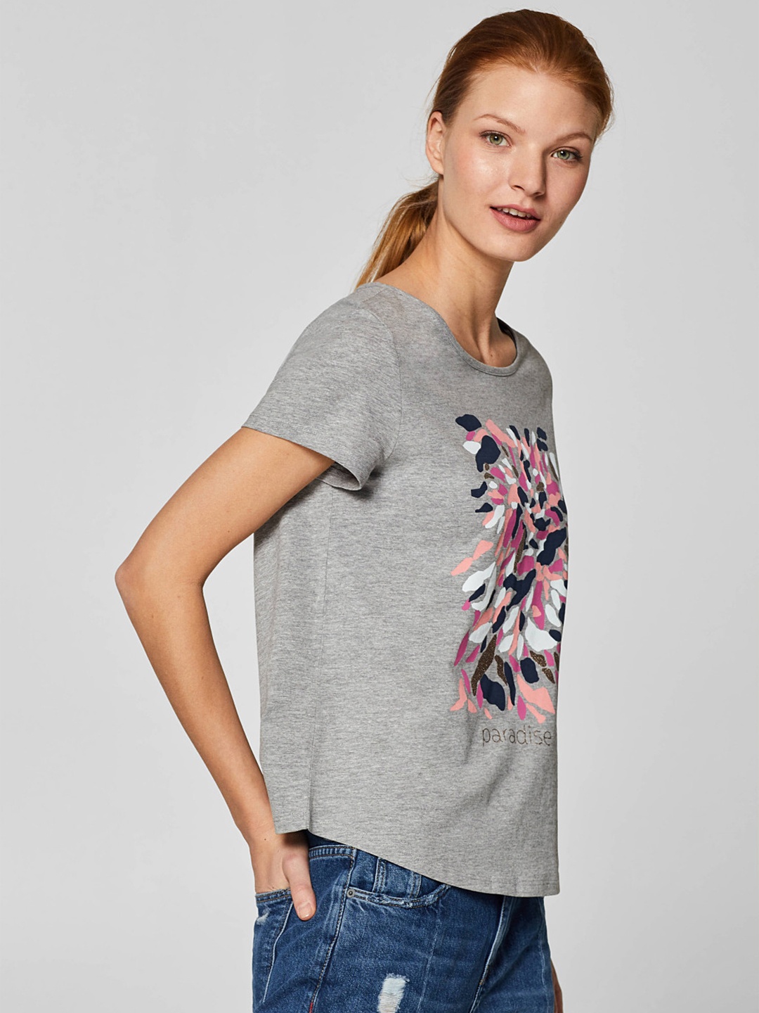 

ESPRIT Women Grey Melange Printed Round Neck T-shirt