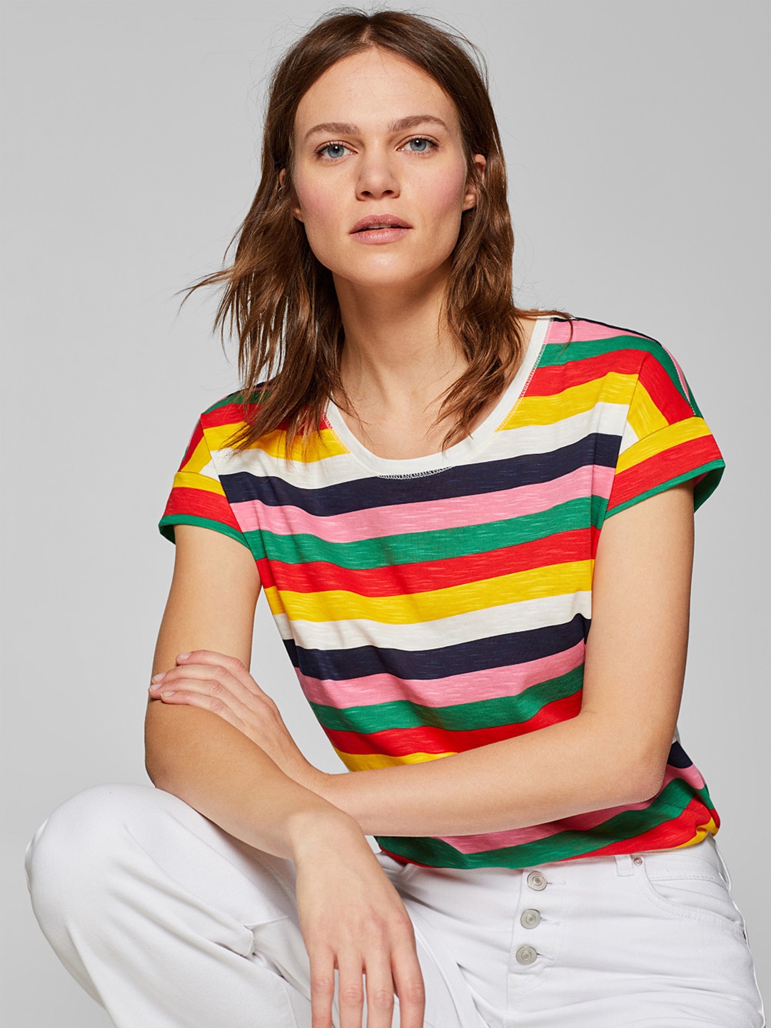 

ESPRIT Women Multicoloured Striped Round Neck T-shirt, Multi