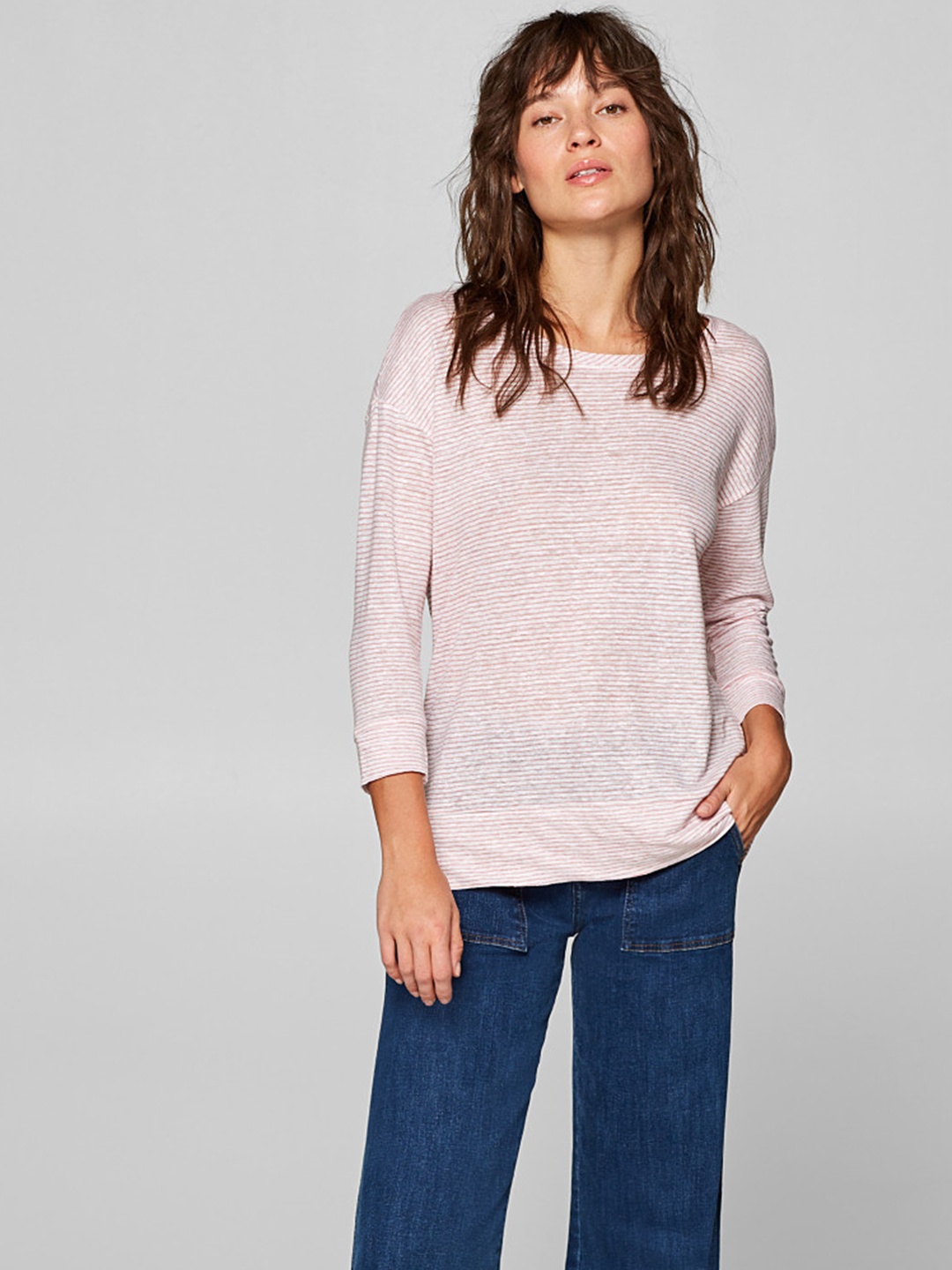 

ESPRIT Women Off-White & Peach-Coloured Striped Round Neck T-shirt