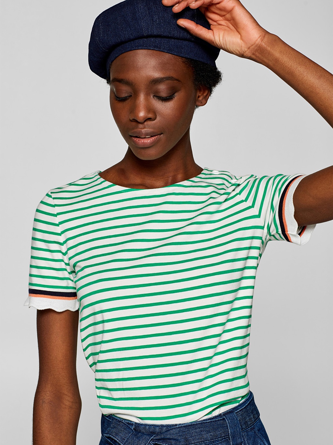 

ESPRIT Women Green & White Striped Round Neck T-shirt