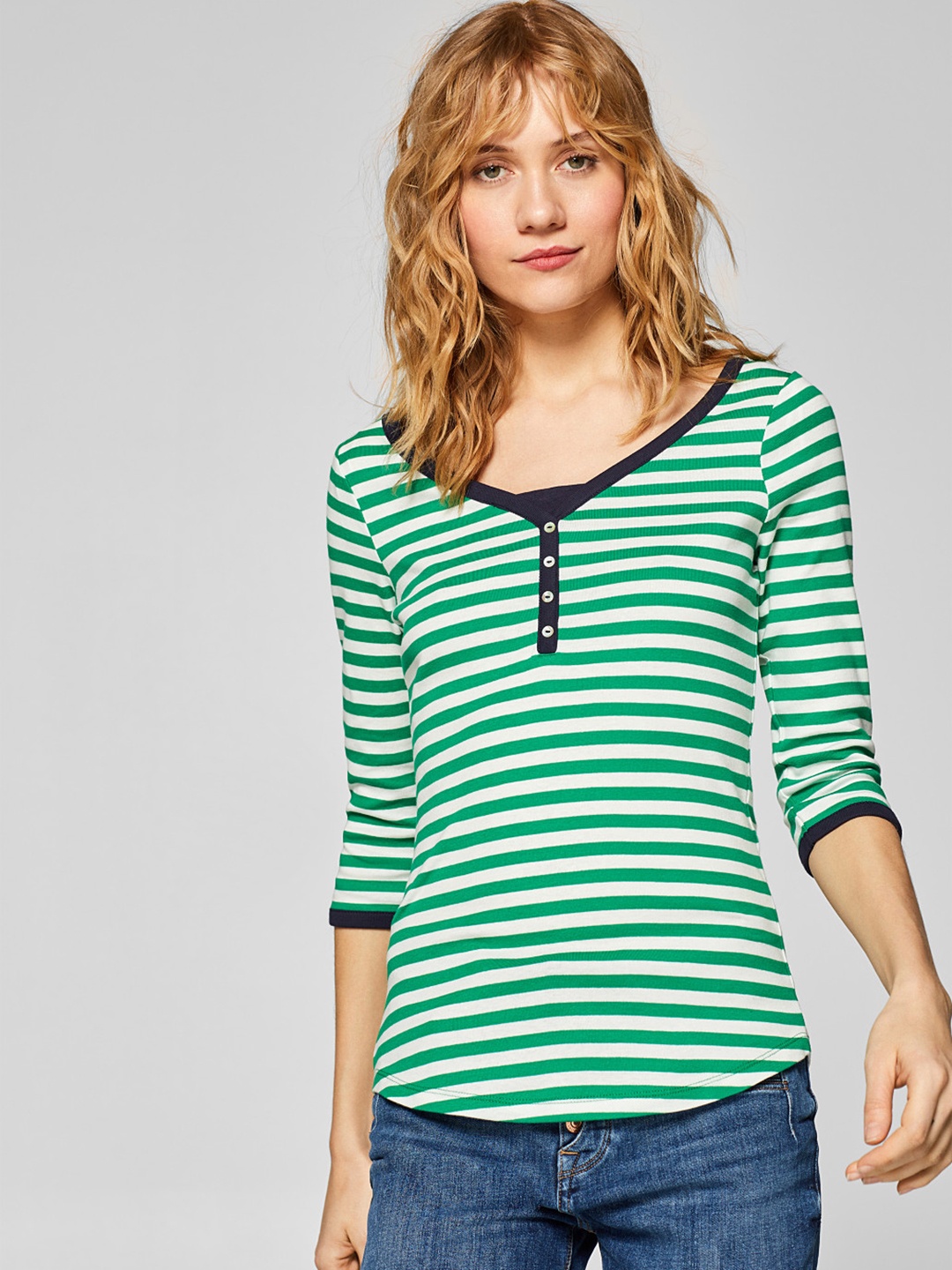 

ESPRIT Women Green & White Striped V-Neck T-shirt