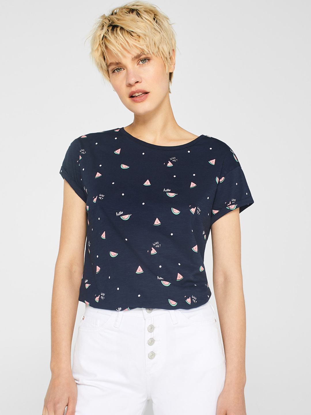 

ESPRIT Women Navy Blue Printed Round Neck T-shirt