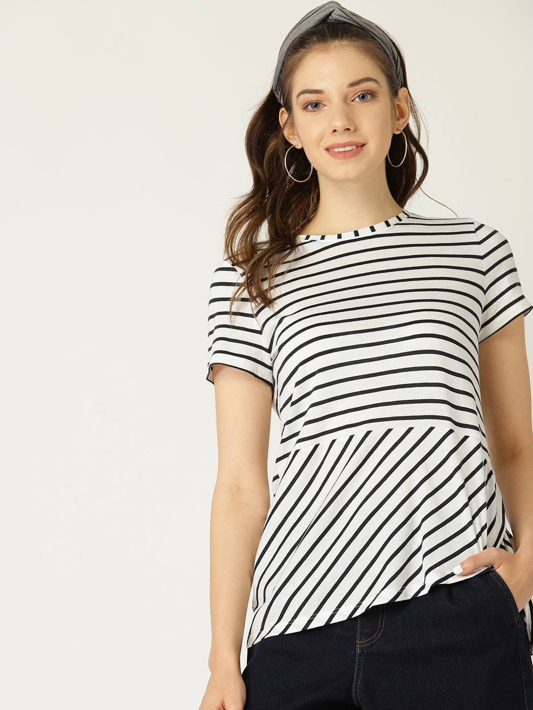 

ESPRIT Women White & Navy Blue Striped A-Line Top