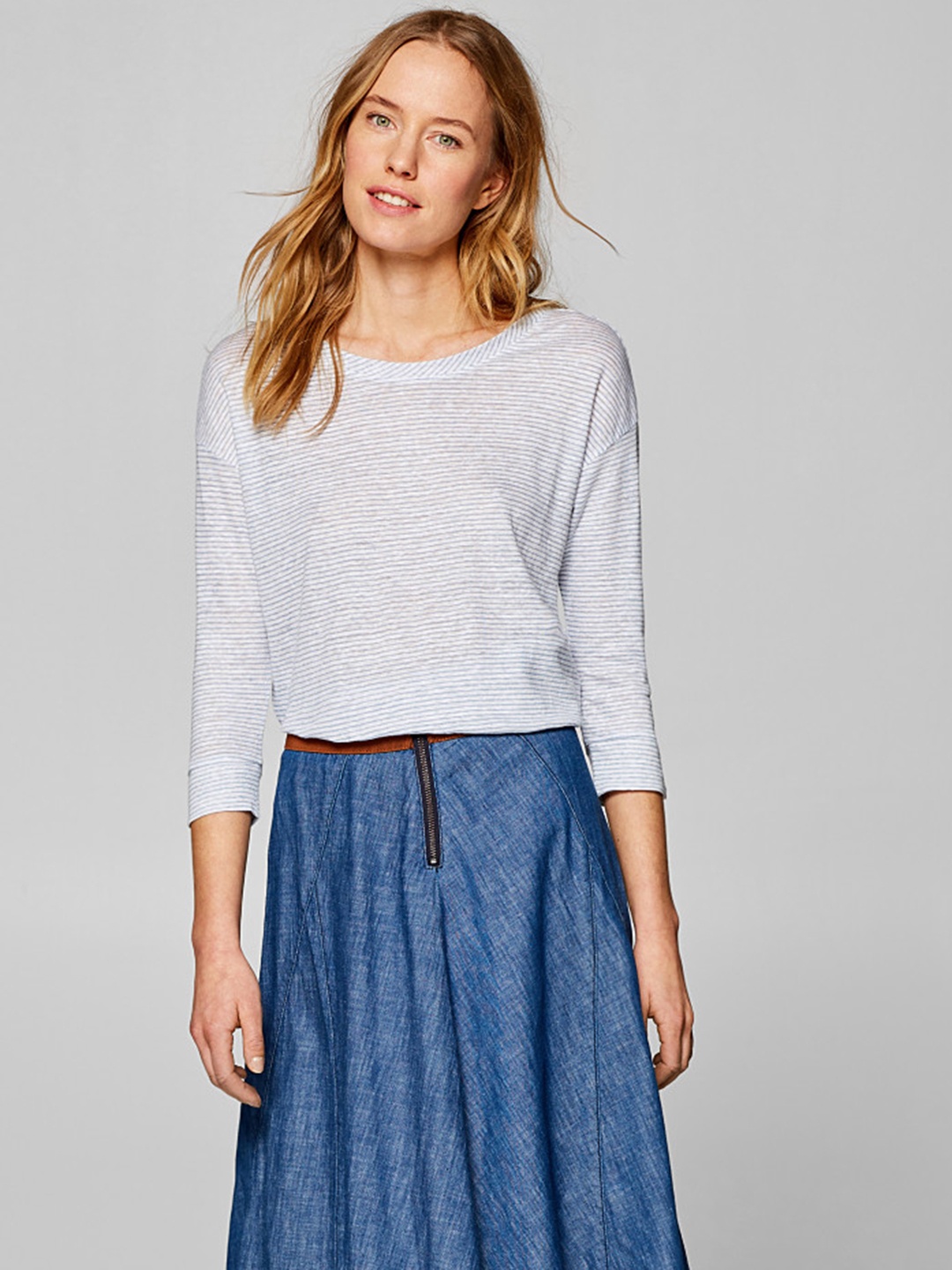 

ESPRIT Women White & Blue Striped Boat Neck T-shirt