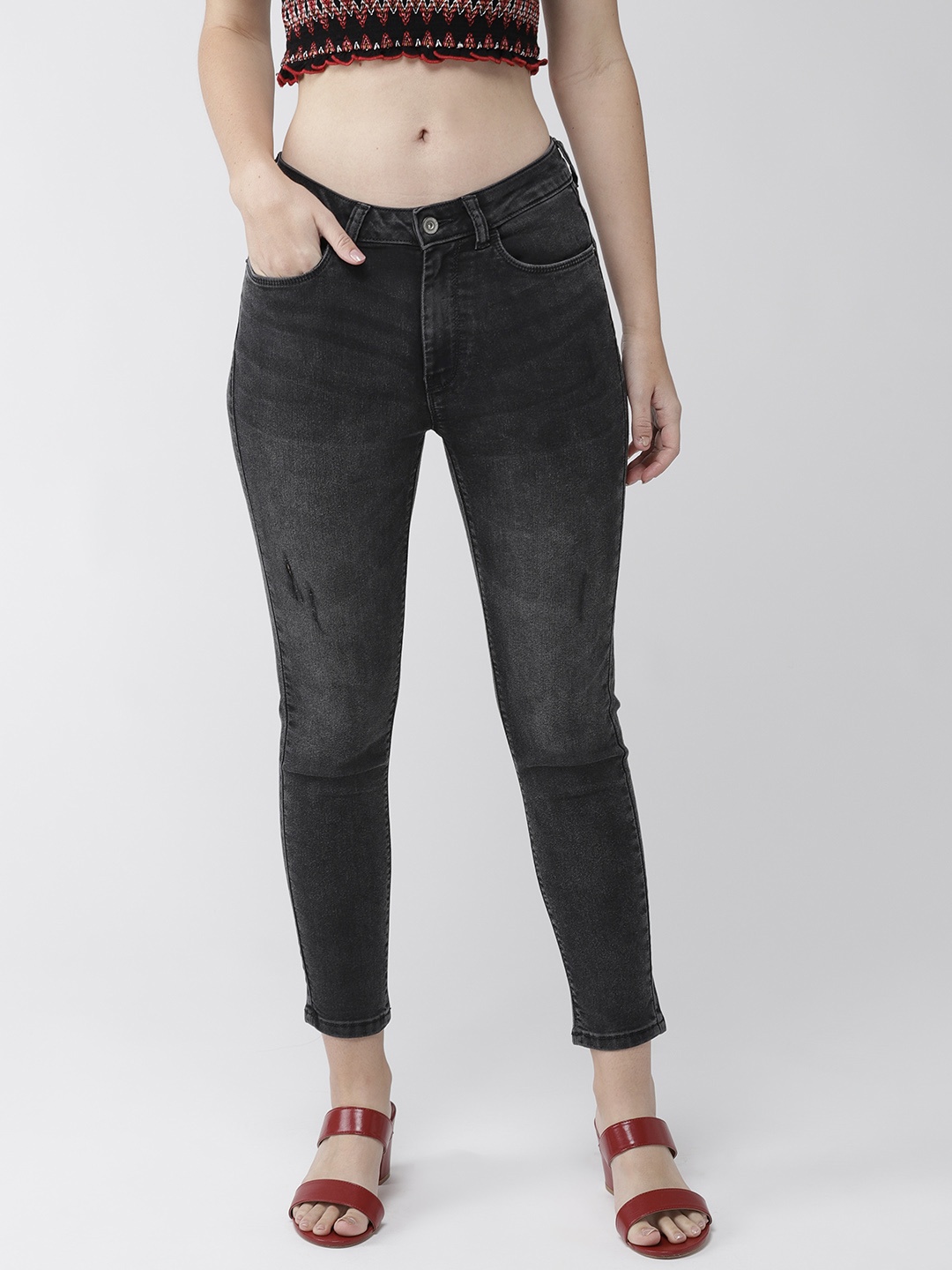 

Flying Machine Women Charcoal Grey Skinny Fit High-Rise Stretchable Cropped Jeans