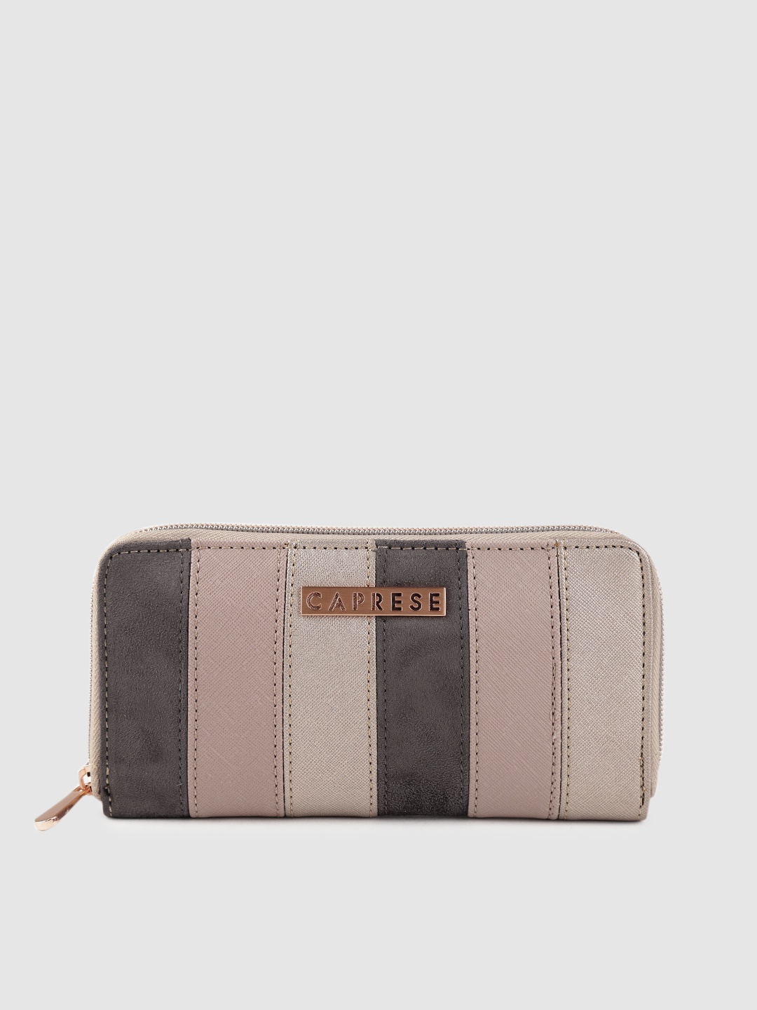 

Caprese Women Dusty Pink & Charcoal Grey Striped Zip Around Wallet