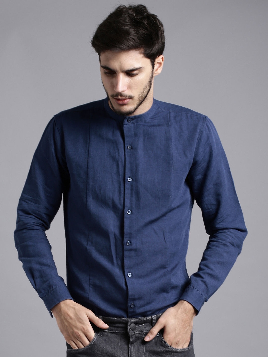 

ether Men Navy Blue Slim Fit Anti Microbial Cotton Linen Shirt