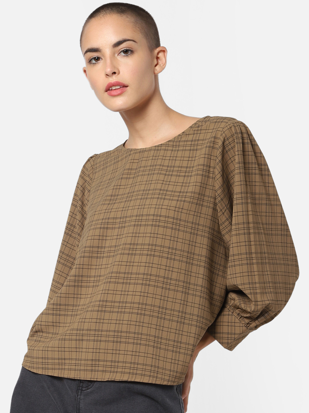 

ONLY Women Brown & Black Checked Top