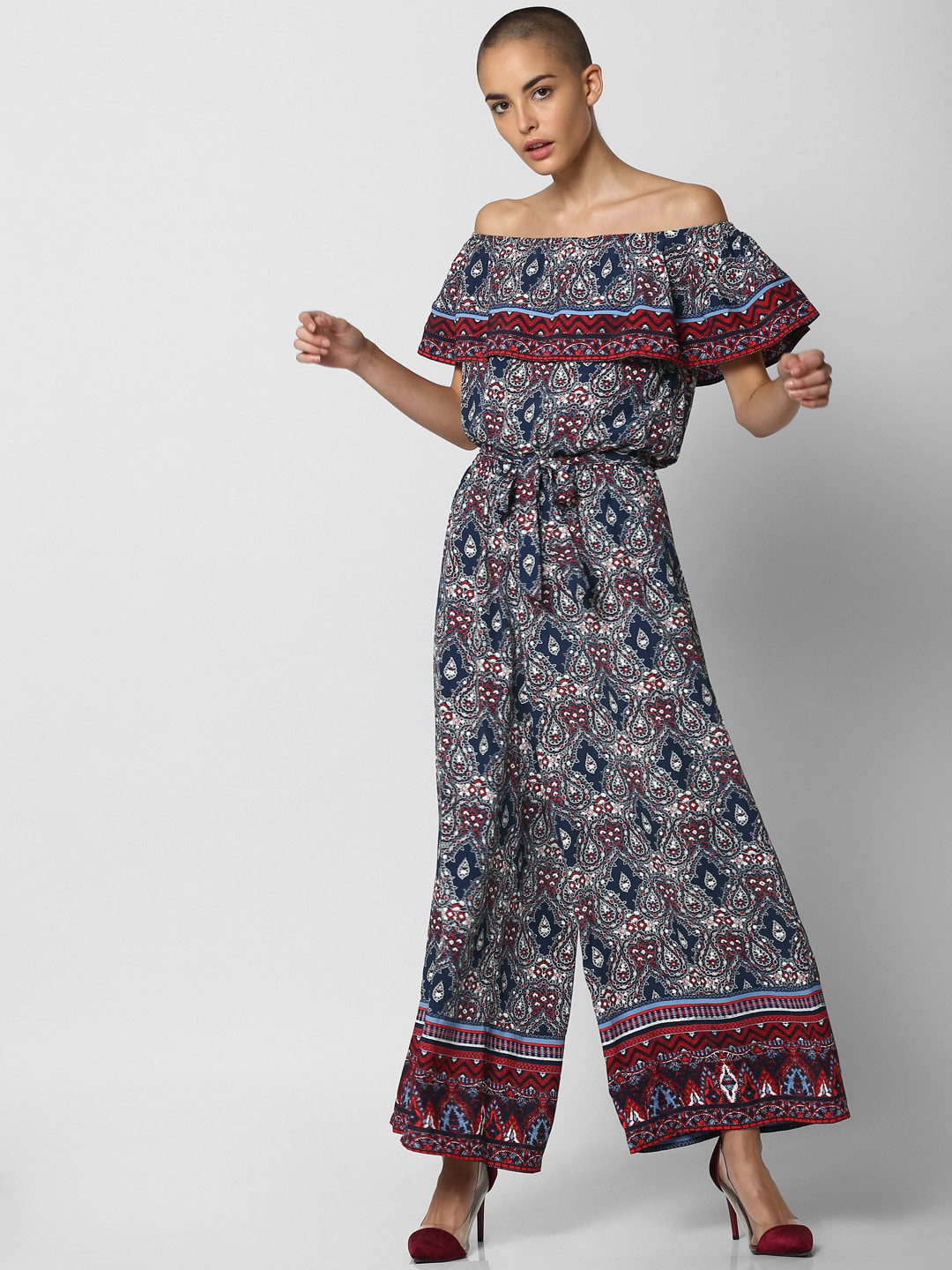 

ONLY Women Navy Blue & White Printed Off-Shoulder Basic Jumpsuit