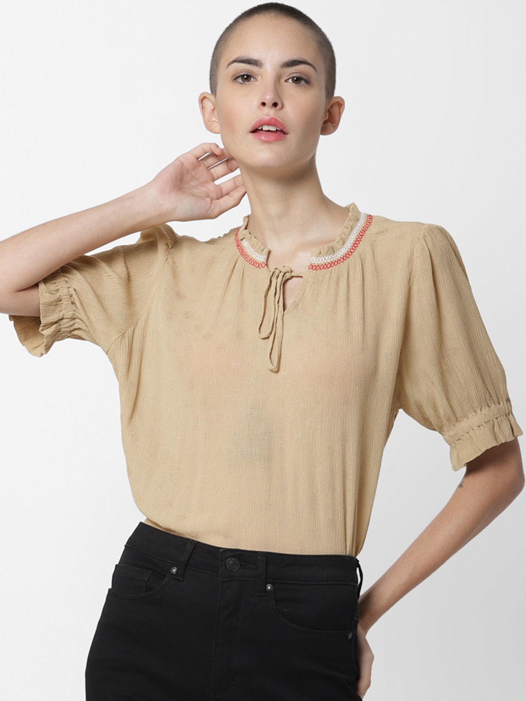 

ONLY Women Beige Solid Boxy Top