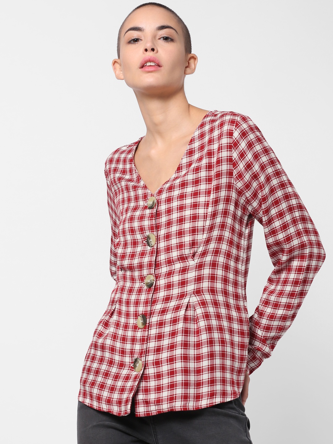 

ONLY Women White & Red Checked Top