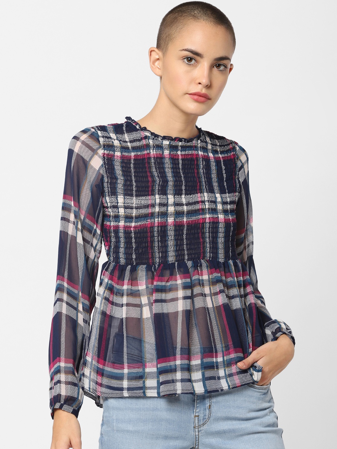 

ONLY Women Navy Blue & White Checked Cinched Waist Top