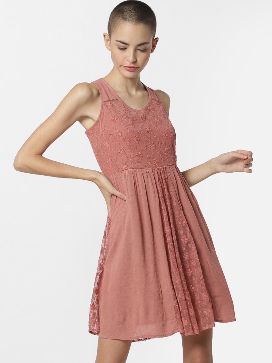 

ONLY Women Pink Self Design Fit and Flare Dress
