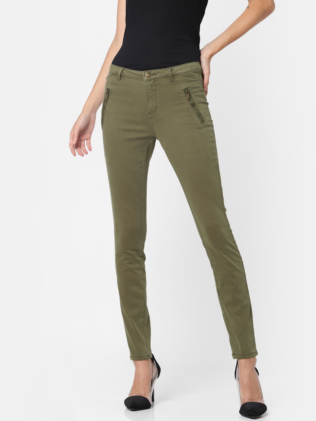

ONLY Women Olive Green Skinny Fit Solid Knitted Regular Trousers