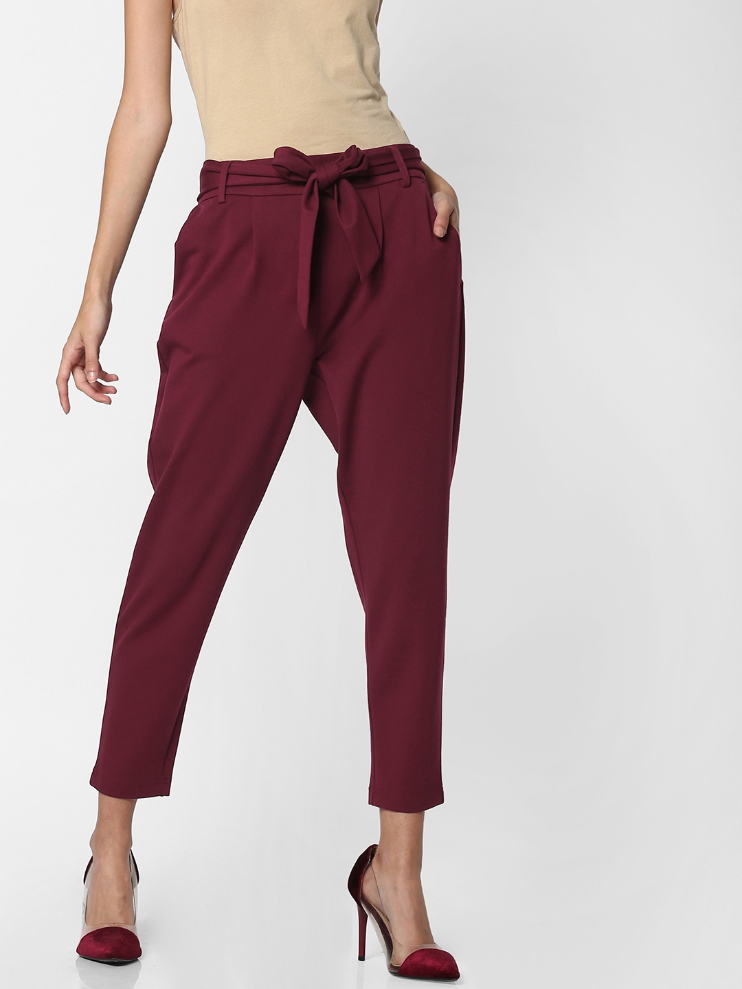 

ONLY Women Burgundy Slim Fit Solid Peg Trousers